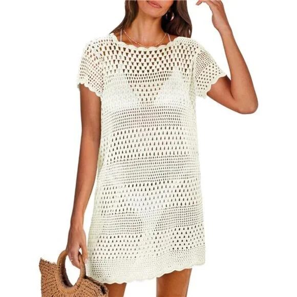 Swim | Crochet Swim Cover Up Beach Dress Short Sleeve Loose Knit Bathing  Suit | Poshmark